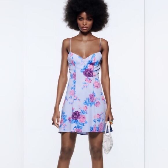 Zara Blue Peony Floral Print Summer Dress - Picture 1 of 5